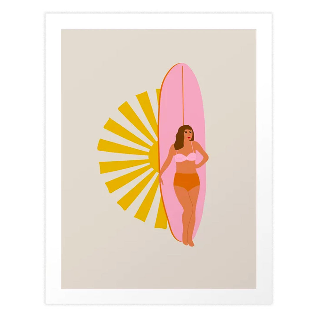 Girl, Surfboard and Sun Art Print